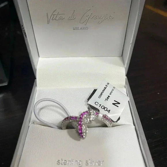 Vita di Grazia Milano 925 Sterling Silver Snake Ring Pink Cubic Zirconia Diamond - Picture 7 of 10